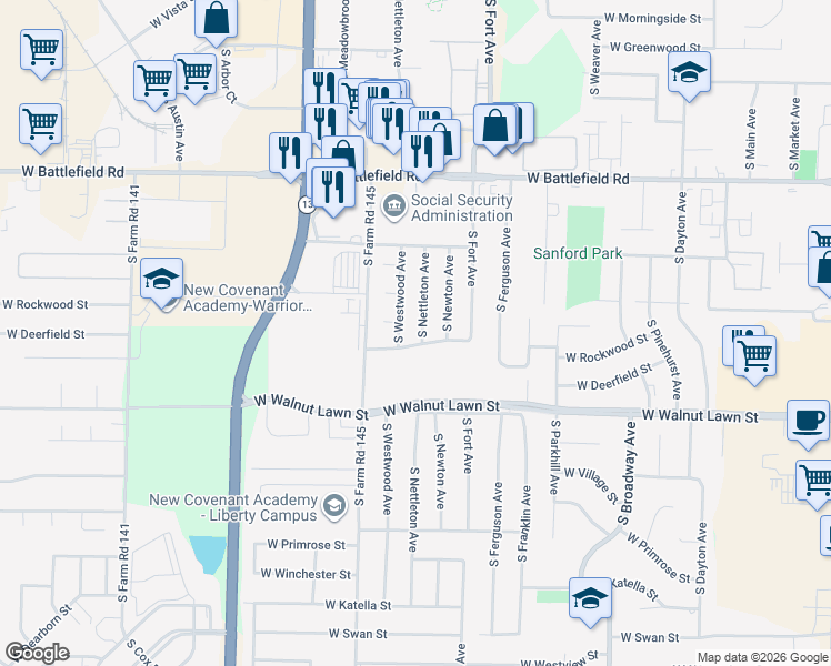 map of restaurants, bars, coffee shops, grocery stores, and more near 3253 West Deerfield Street in Springfield