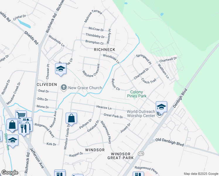 map of restaurants, bars, coffee shops, grocery stores, and more near 887 Cobham Hall Circle in Newport News