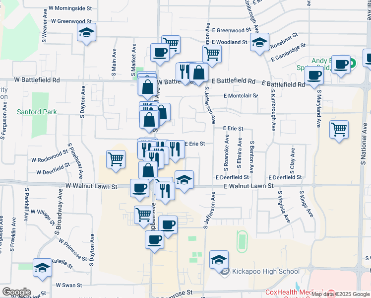 map of restaurants, bars, coffee shops, grocery stores, and more near 229 East Rockwood Street in Springfield