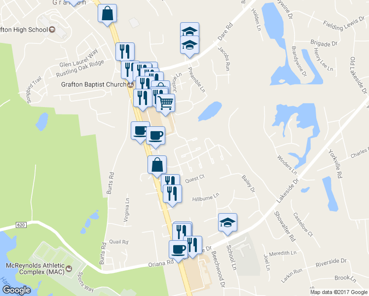 map of restaurants, bars, coffee shops, grocery stores, and more near 218 Choisy Crescent in Yorktown