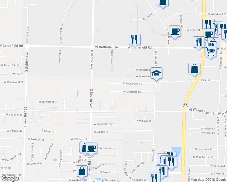 map of restaurants, bars, coffee shops, grocery stores, and more near 2451 West Deerfield Street in Springfield