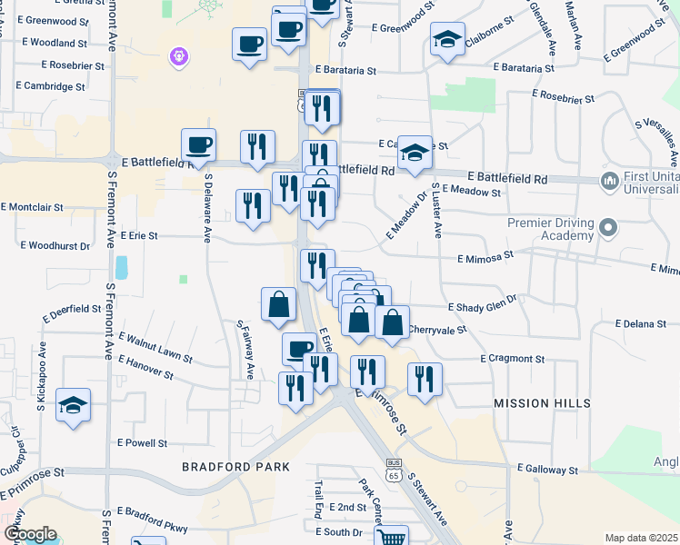 map of restaurants, bars, coffee shops, grocery stores, and more near 1902 East Ridgewood Street in Springfield