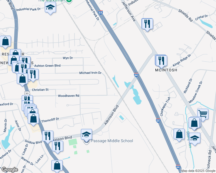 map of restaurants, bars, coffee shops, grocery stores, and more near 551 Michael Irvin Drive in Newport News