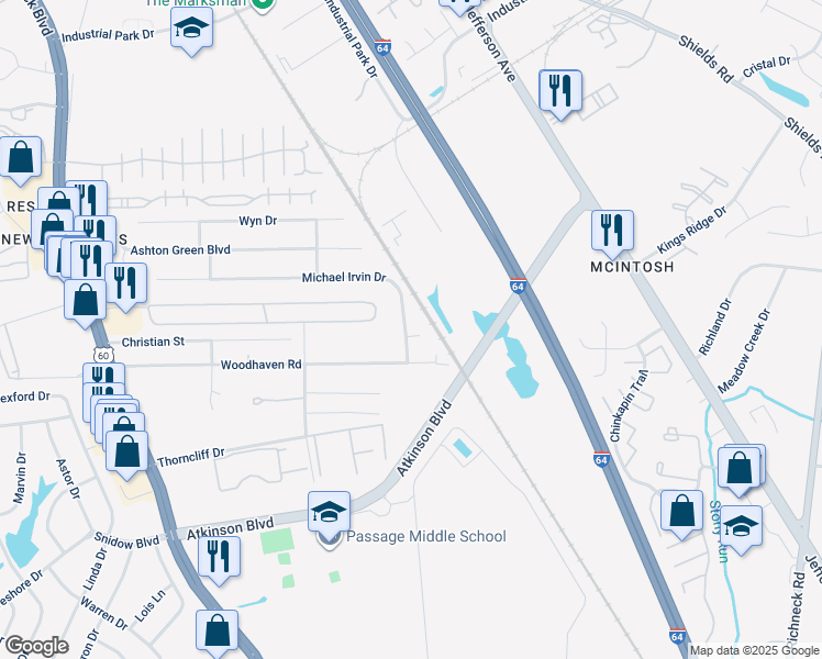 map of restaurants, bars, coffee shops, grocery stores, and more near 551 Michael Irvin Drive in Newport News