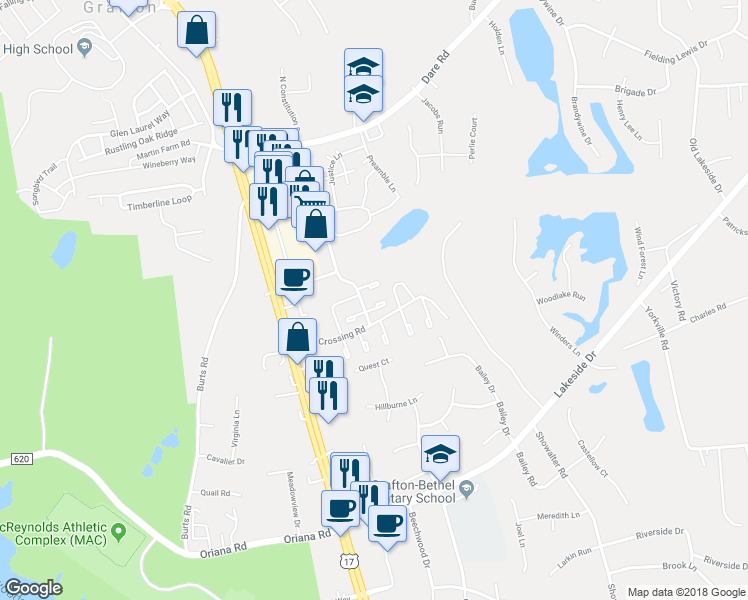 map of restaurants, bars, coffee shops, grocery stores, and more near 109 Solebay Street in Yorktown