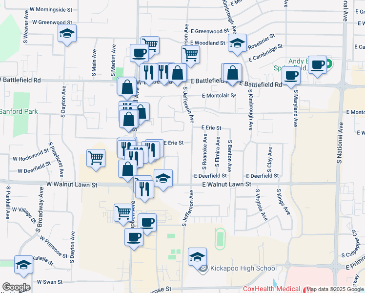 map of restaurants, bars, coffee shops, grocery stores, and more near 3247 South Jefferson Avenue in Springfield