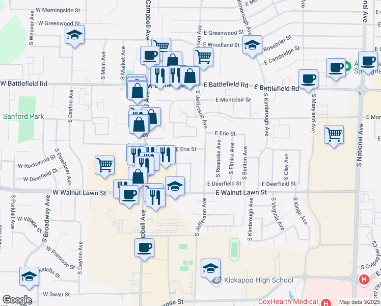 map of restaurants, bars, coffee shops, grocery stores, and more near 229 East Rockwood Street in Springfield