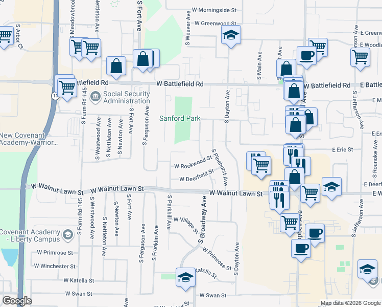 map of restaurants, bars, coffee shops, grocery stores, and more near 751 West Rockwood Street in Springfield