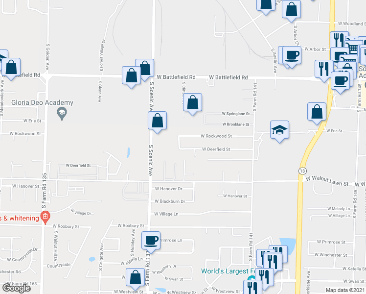 map of restaurants, bars, coffee shops, grocery stores, and more near 2459 West Deerfield Street in Springfield