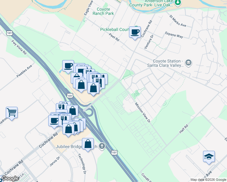 map of restaurants, bars, coffee shops, grocery stores, and more near 1160 Cochrane Road in Morgan Hill