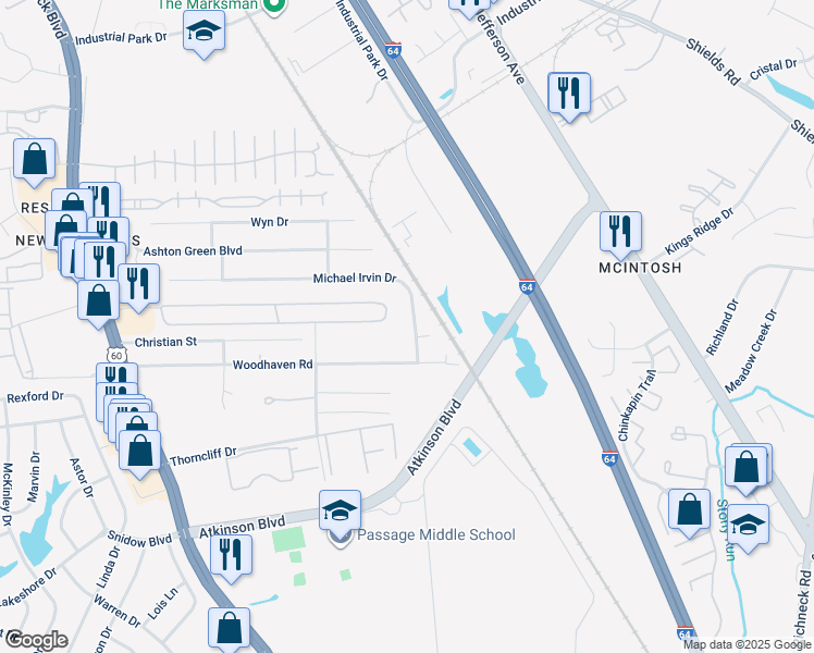 map of restaurants, bars, coffee shops, grocery stores, and more near 548 Michael Irvin Drive in Newport News