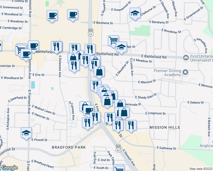 map of restaurants, bars, coffee shops, grocery stores, and more near 1901-1961 E Ridgewood St in Springfield