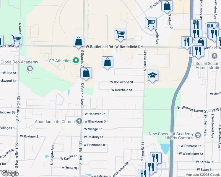 map of restaurants, bars, coffee shops, grocery stores, and more near 2419 West Deerfield Street in Springfield