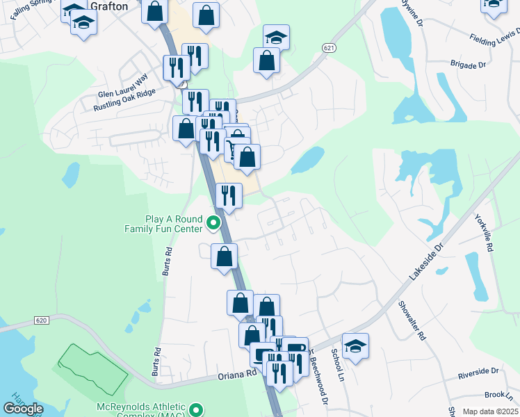 map of restaurants, bars, coffee shops, grocery stores, and more near 203 Choisy Crescent in Yorktown