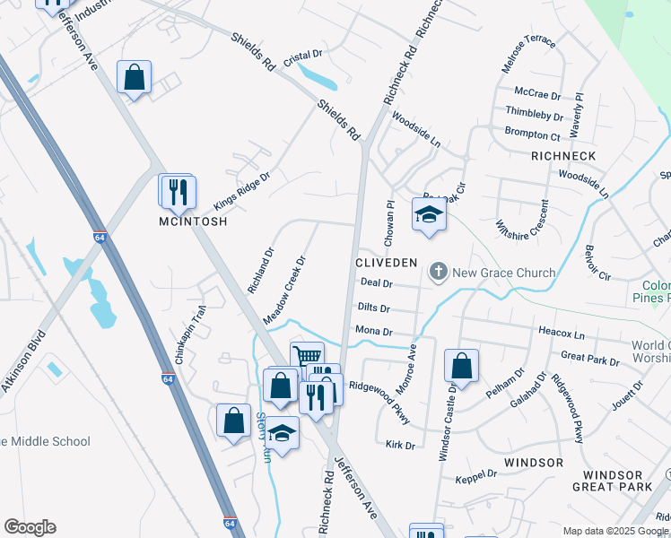 map of restaurants, bars, coffee shops, grocery stores, and more near 279 Richneck Road in Newport News