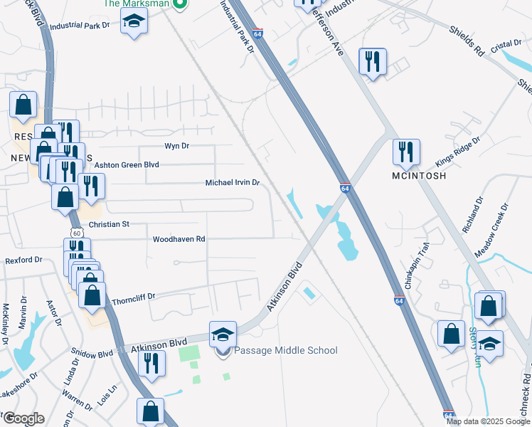 map of restaurants, bars, coffee shops, grocery stores, and more near 548 Michael Irvin Drive in Newport News