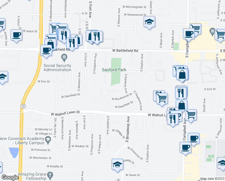 map of restaurants, bars, coffee shops, grocery stores, and more near West Valley Court in Springfield