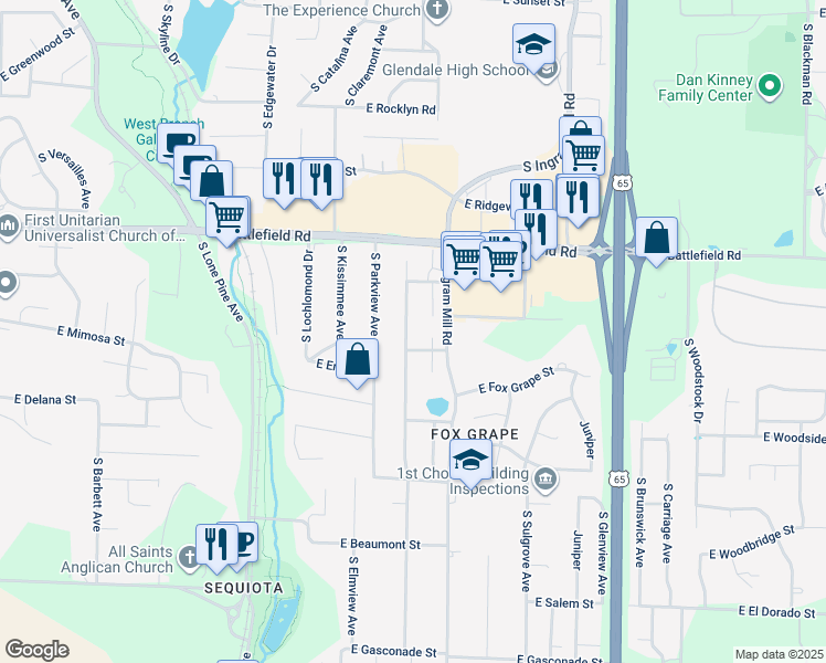 map of restaurants, bars, coffee shops, grocery stores, and more near 3150 South Oak Avenue in Springfield