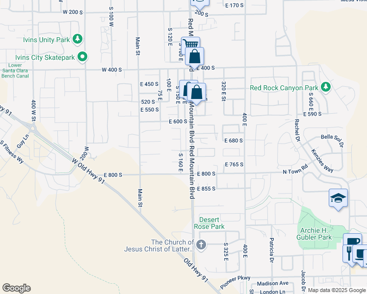 map of restaurants, bars, coffee shops, grocery stores, and more near 699 160 East in Ivins