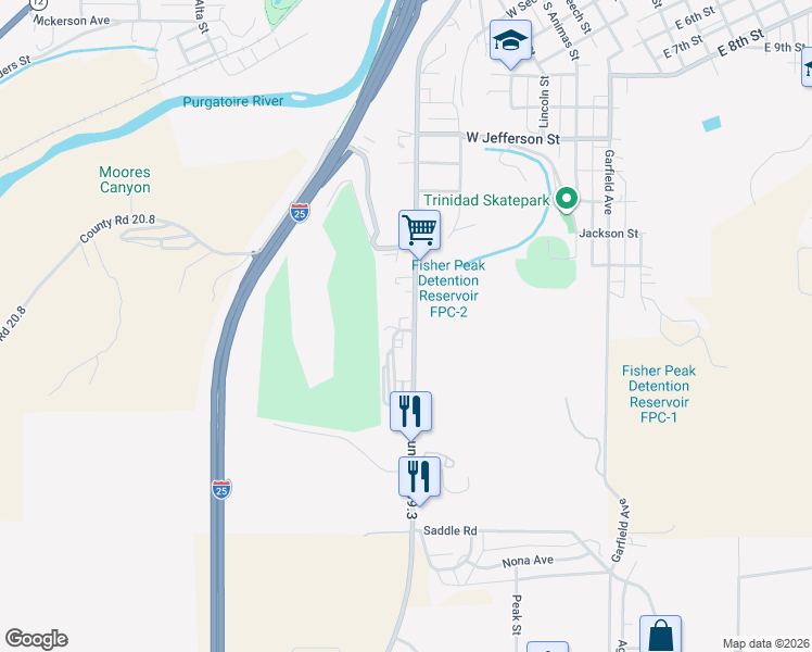 map of restaurants, bars, coffee shops, grocery stores, and more near 1701-1735 Santa Fe Trail in Trinidad