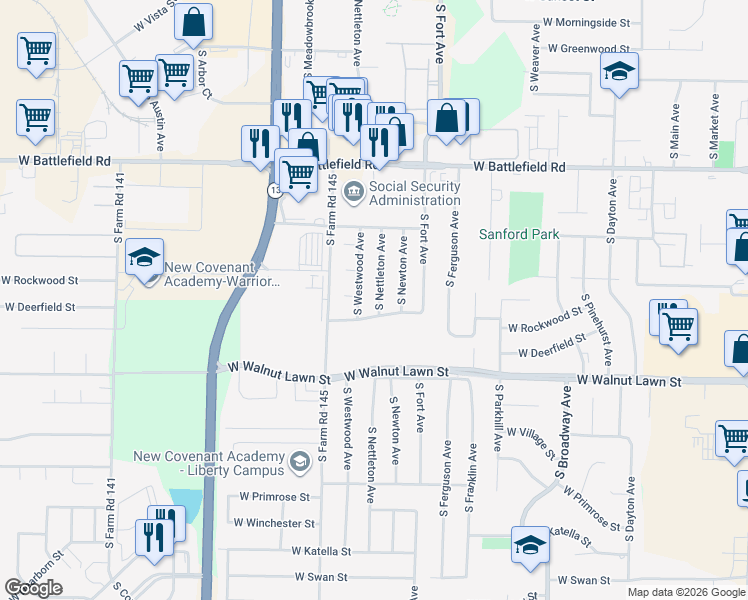 map of restaurants, bars, coffee shops, grocery stores, and more near 3253 West Deerfield Street in Springfield