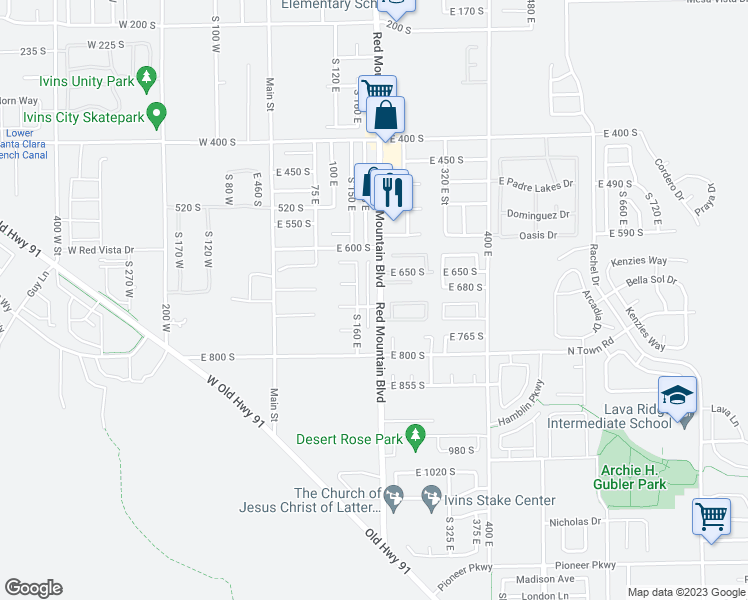 map of restaurants, bars, coffee shops, grocery stores, and more near 696 Red Mountain Boulevard in Ivins