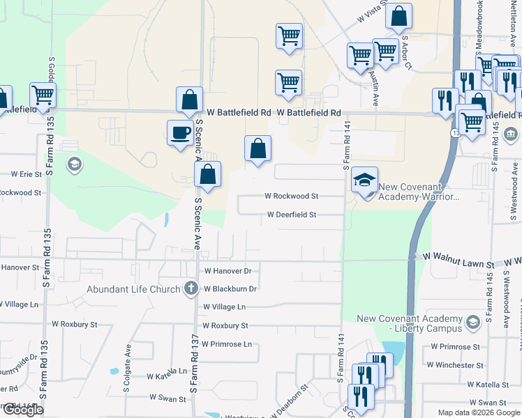 map of restaurants, bars, coffee shops, grocery stores, and more near 2425 West Deerfield Street in Springfield