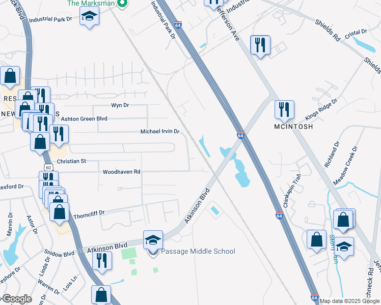 map of restaurants, bars, coffee shops, grocery stores, and more near 547 Michael Irvin Drive in Newport News