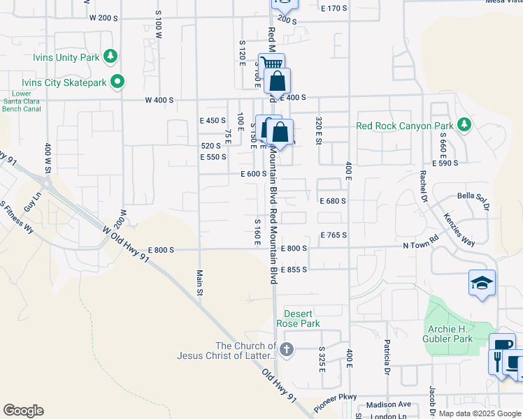 map of restaurants, bars, coffee shops, grocery stores, and more near 699 160 East in Ivins