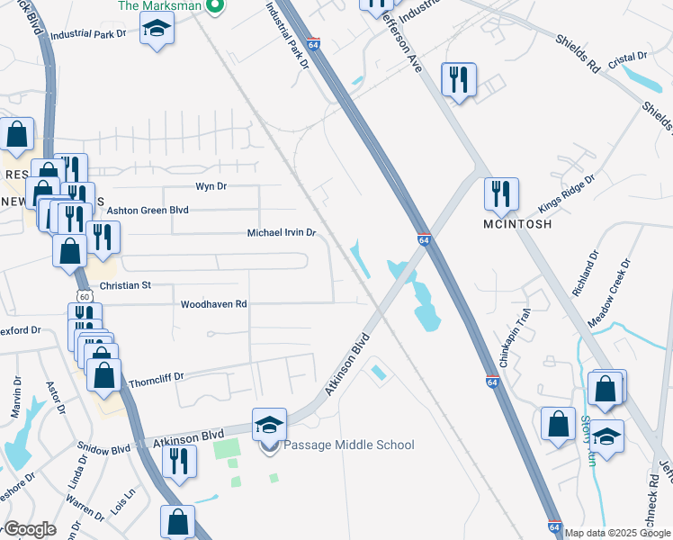 map of restaurants, bars, coffee shops, grocery stores, and more near 547 Michael Irvin Drive in Newport News