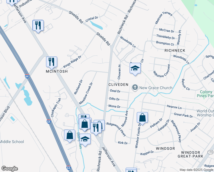 map of restaurants, bars, coffee shops, grocery stores, and more near 279 Richneck Road in Newport News