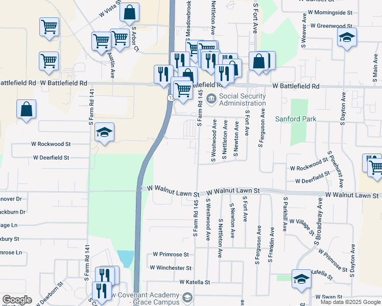 map of restaurants, bars, coffee shops, grocery stores, and more near 3245 South Kansas Avenue in Springfield