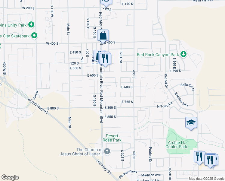 map of restaurants, bars, coffee shops, grocery stores, and more near 200 East 740 South in Ivins