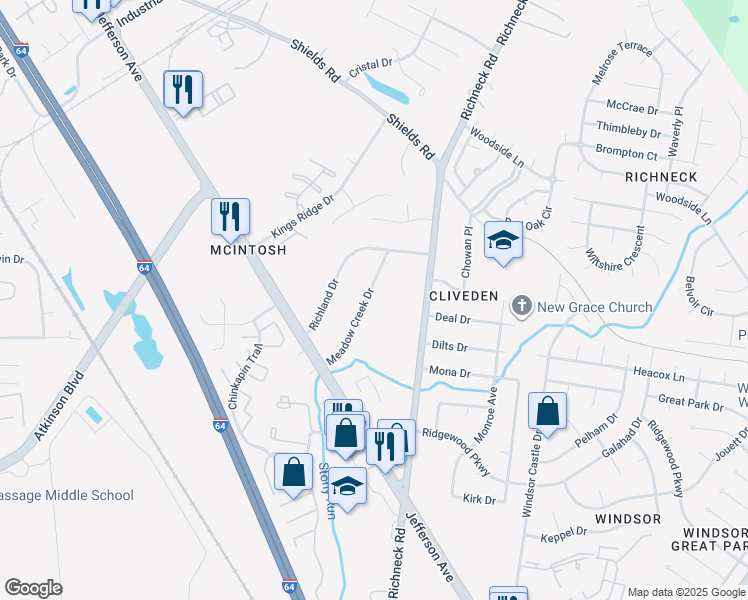 map of restaurants, bars, coffee shops, grocery stores, and more near 22 Meadow Creek Drive in Newport News