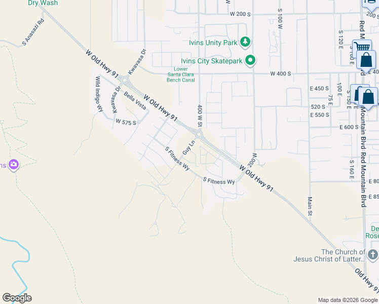 map of restaurants, bars, coffee shops, grocery stores, and more near 687 Guy Lane in Ivins