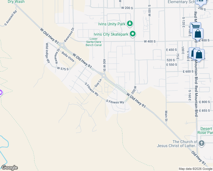 map of restaurants, bars, coffee shops, grocery stores, and more near 350 West Old Highway 91 in Ivins