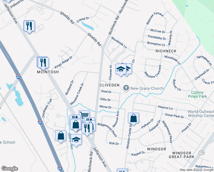 map of restaurants, bars, coffee shops, grocery stores, and more near 104 Tyner Drive in Newport News