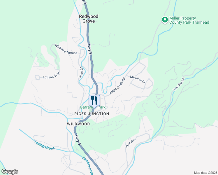 map of restaurants, bars, coffee shops, grocery stores, and more near 140 Oak Way in Boulder Creek