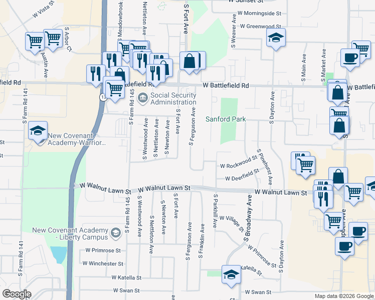 map of restaurants, bars, coffee shops, grocery stores, and more near 3237 South Ferguson Avenue in Springfield