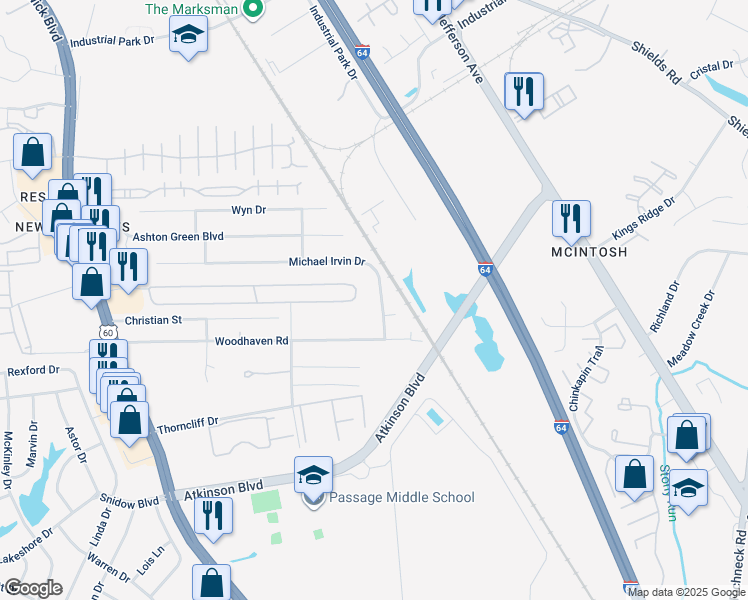 map of restaurants, bars, coffee shops, grocery stores, and more near 544 Michael Irvin Drive in Newport News