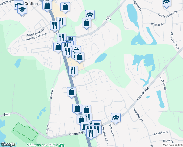 map of restaurants, bars, coffee shops, grocery stores, and more near 101 Solebay Street in Yorktown