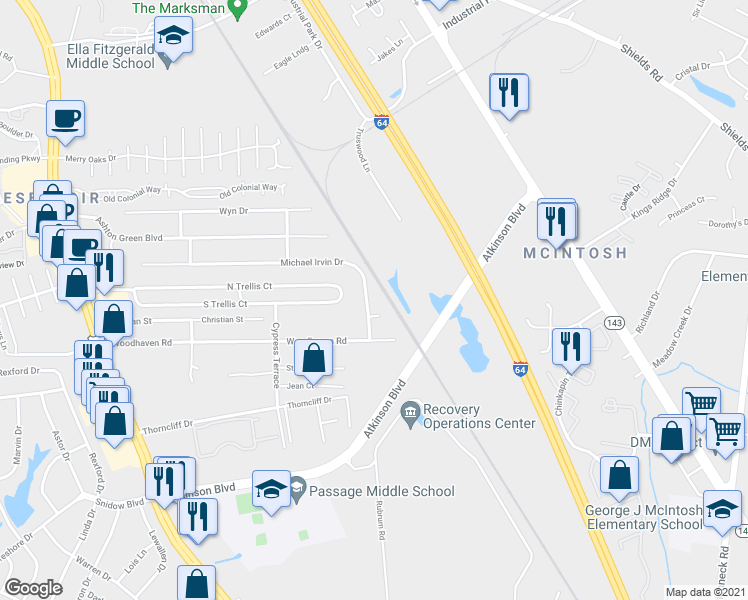 map of restaurants, bars, coffee shops, grocery stores, and more near 545 Michael Irvin Drive in Newport News