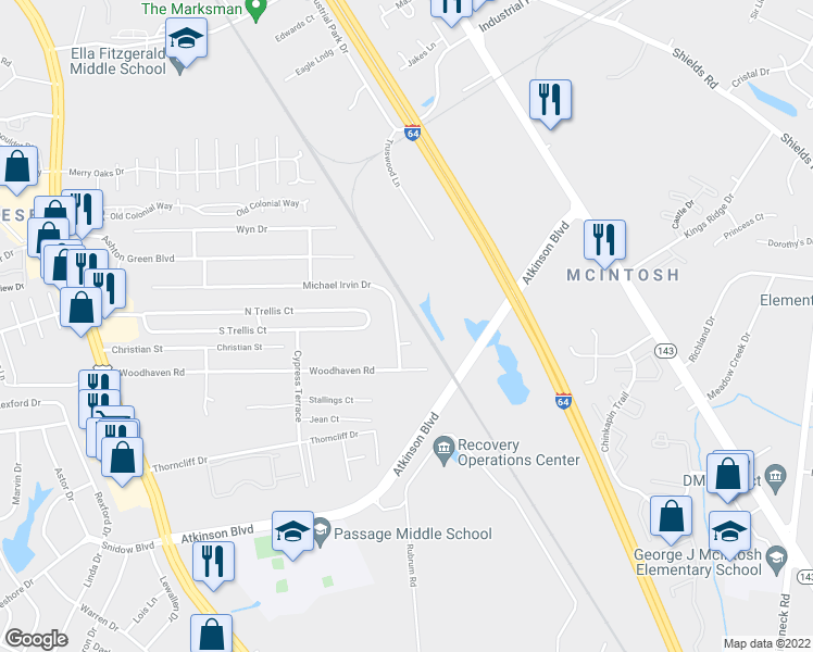 map of restaurants, bars, coffee shops, grocery stores, and more near 545 Michael Irvin Drive in Newport News