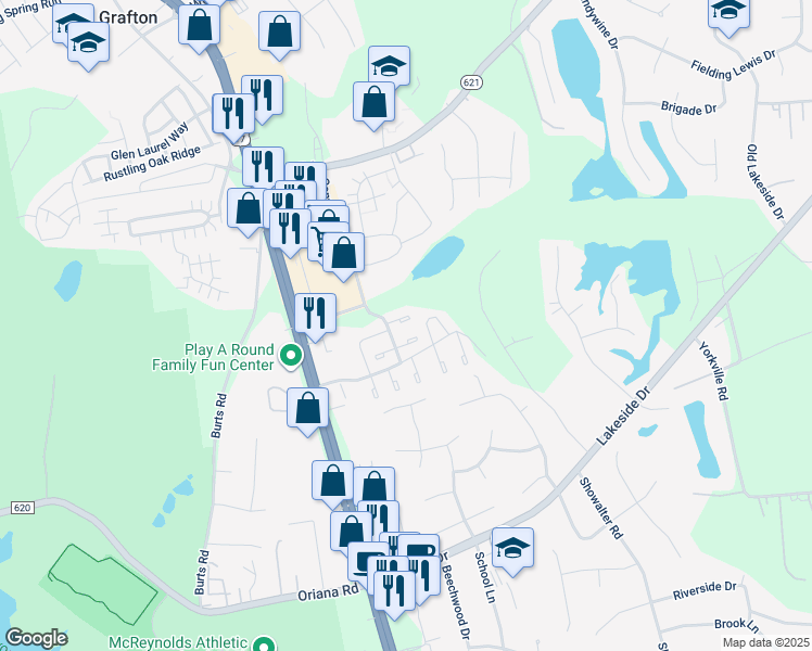 map of restaurants, bars, coffee shops, grocery stores, and more near 112 Tewkesbury Quay in Yorktown