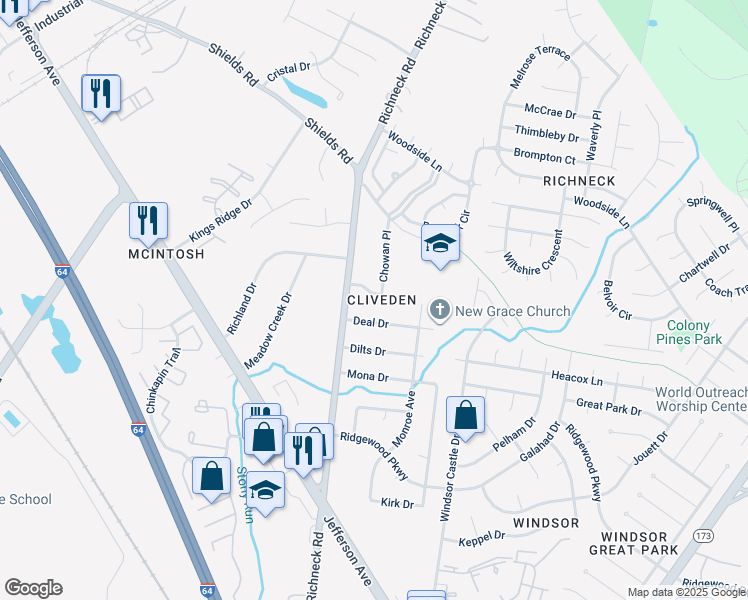 map of restaurants, bars, coffee shops, grocery stores, and more near 104 Tyner Drive in Newport News