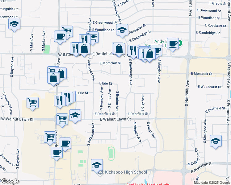 map of restaurants, bars, coffee shops, grocery stores, and more near 3252 South Elmira Avenue in Springfield