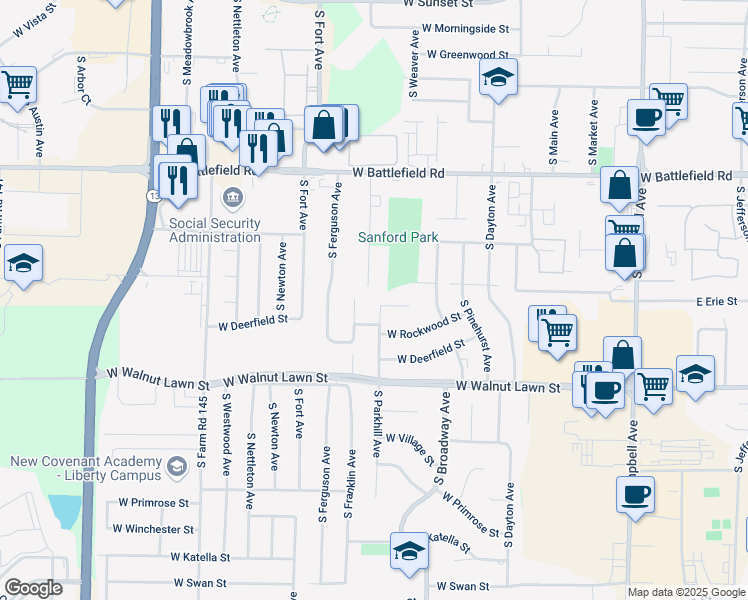 map of restaurants, bars, coffee shops, grocery stores, and more near 3230 South Franklin Avenue in Springfield