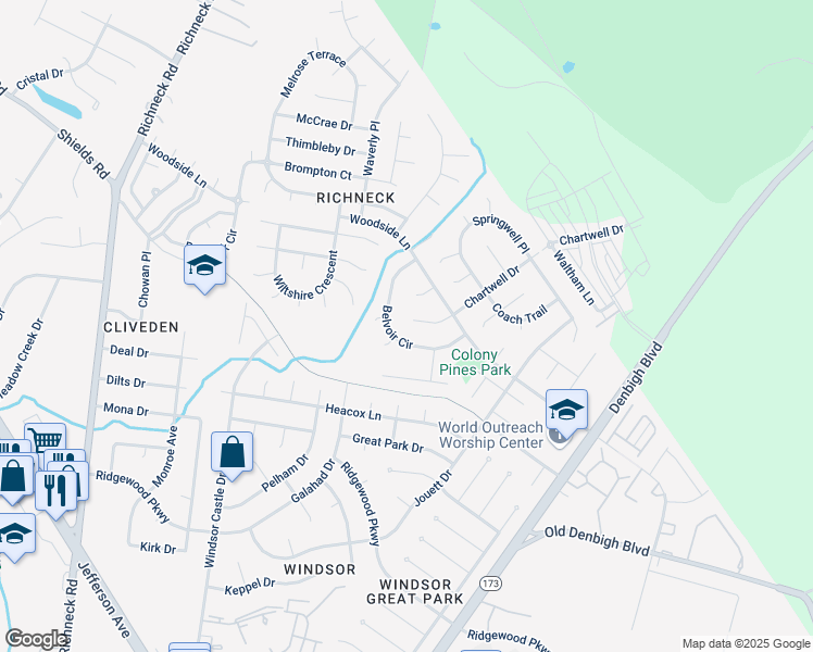 map of restaurants, bars, coffee shops, grocery stores, and more near 904 Chartwell Drive in Newport News