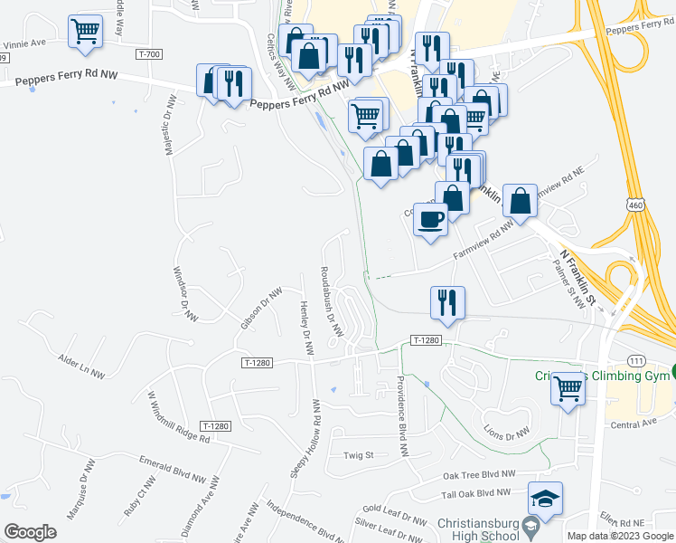 map of restaurants, bars, coffee shops, grocery stores, and more near 545 Dewdrop Lane Northwest in Christiansburg