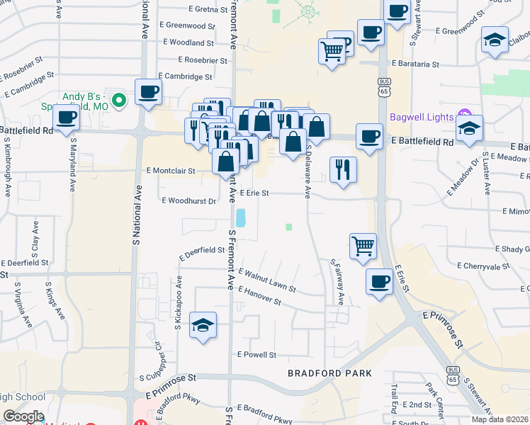 map of restaurants, bars, coffee shops, grocery stores, and more near 1530 East Erie Street in Springfield